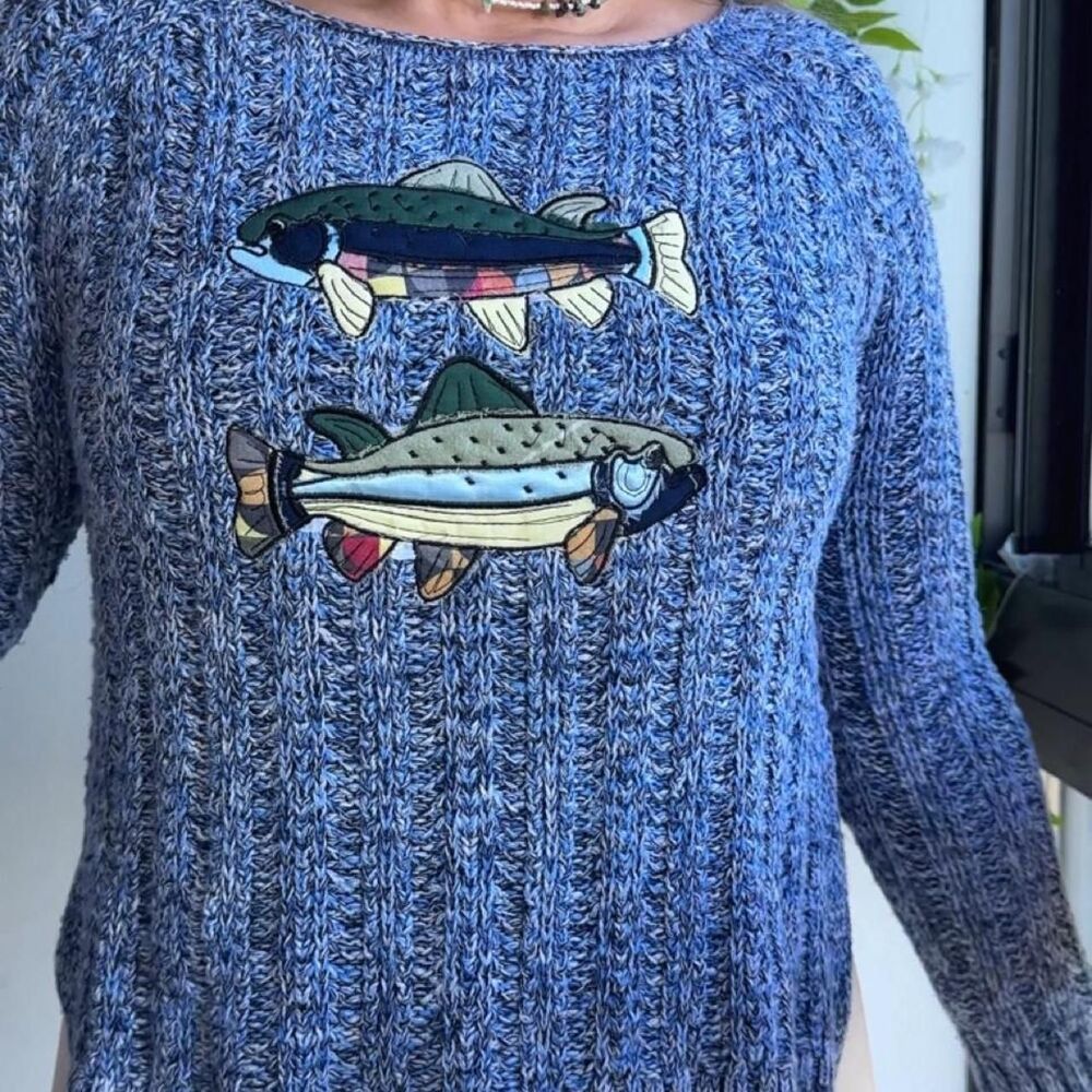 upcycled fish patchwork embroidered blue knit sweater